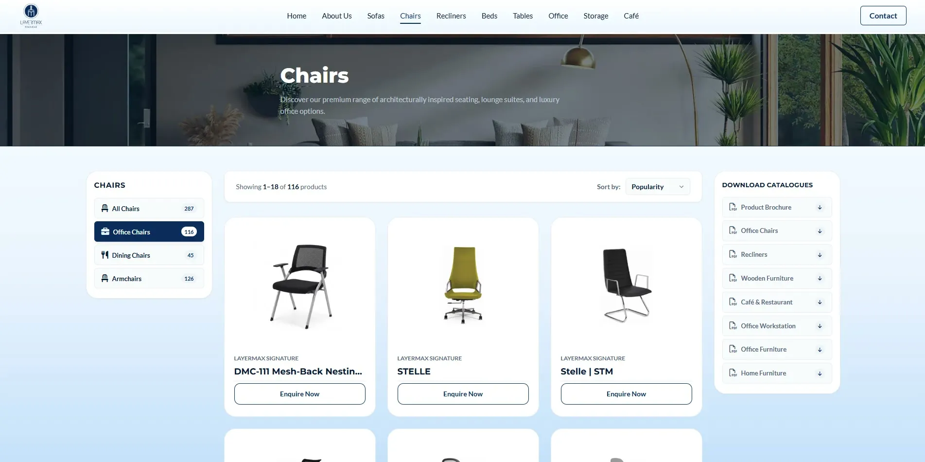 Layermax website designed and built by Red Dot Consultancy, chairs on desktop
