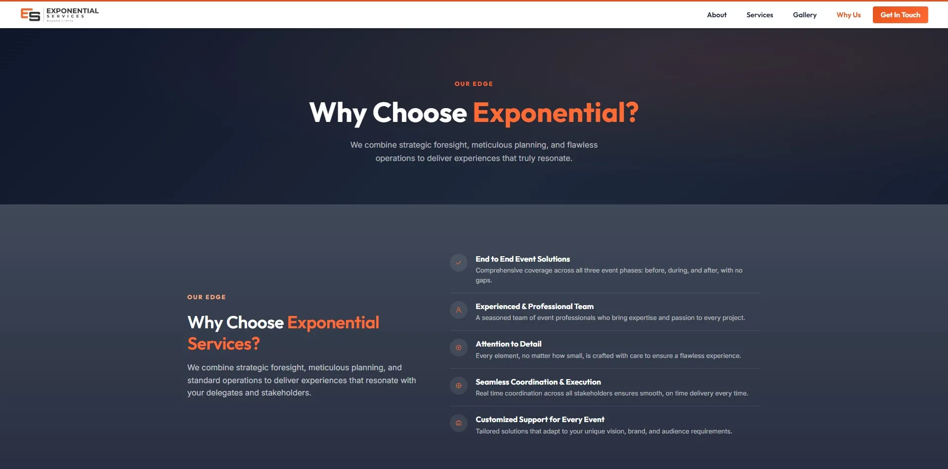 Exponential Services website designed and built by Red Dot Consultancy, why us on desktop