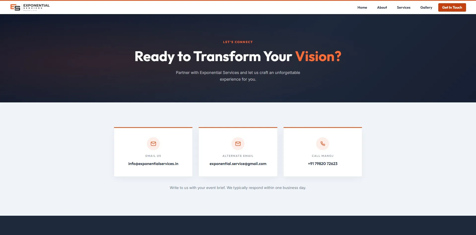 Exponential Services website designed and built by Red Dot Consultancy, contact on desktop