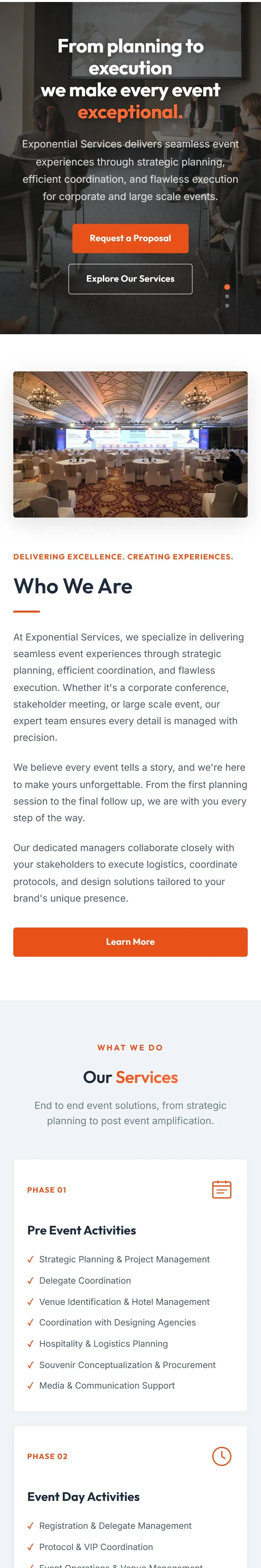 Exponential Services website on a phone, home