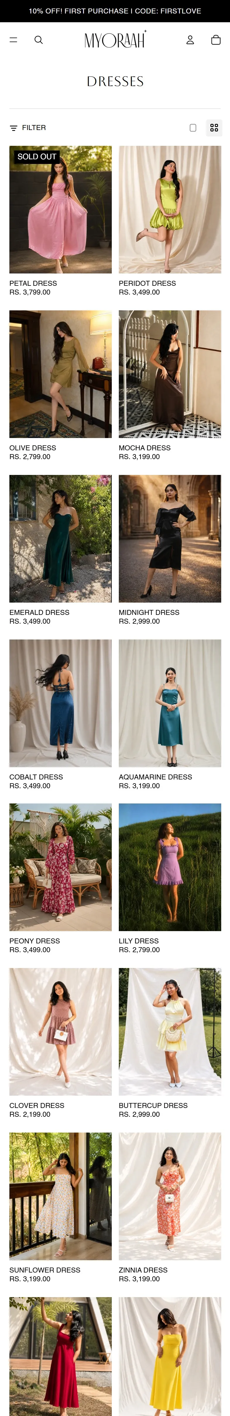 Myoraah website on a phone, dresses