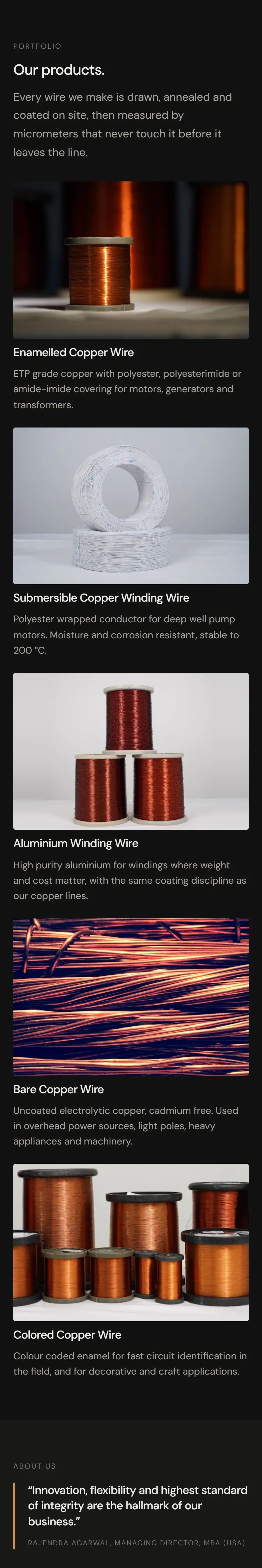Rama Winding Wires website on a phone, our products