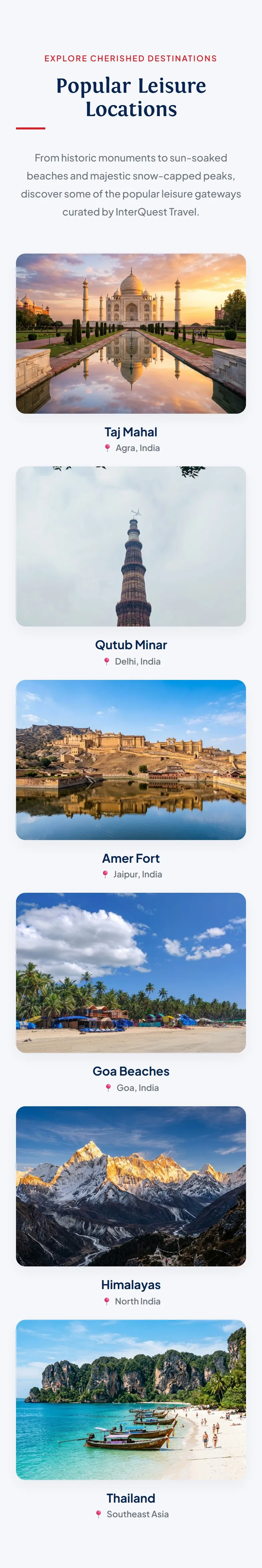 InterQuest Travel website on a phone, leisure locations