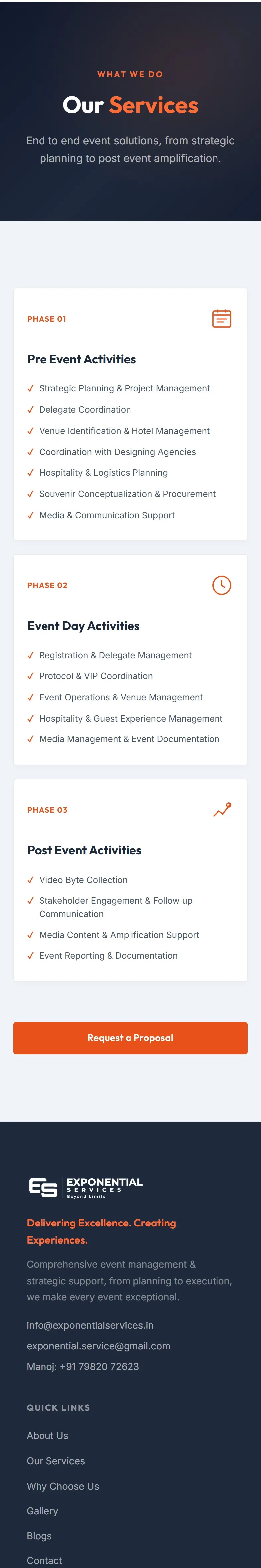 Exponential Services website on a phone, services