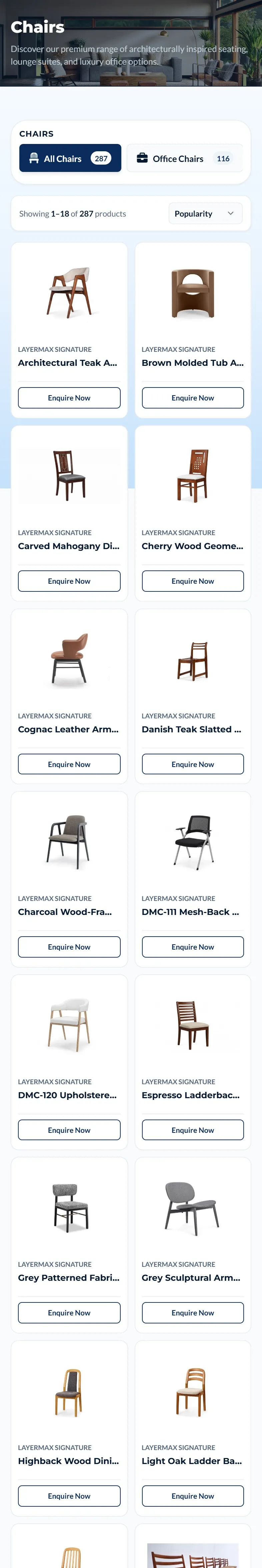 Layermax website on a phone, chairs