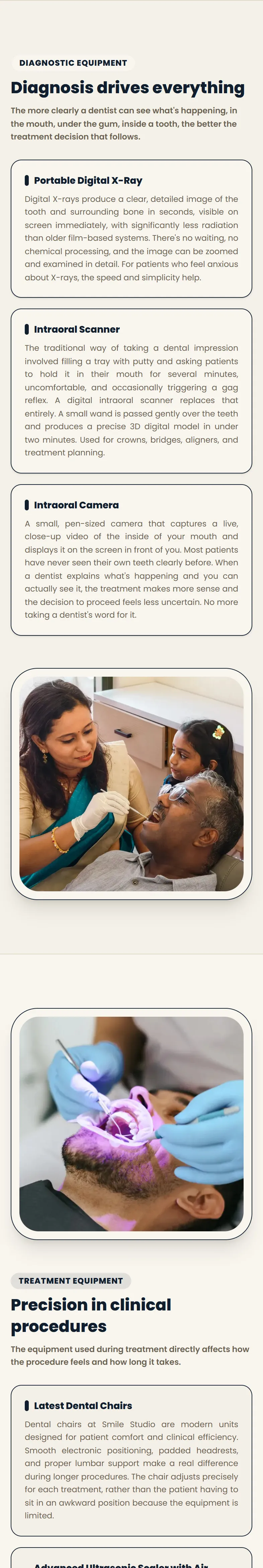 HappyTooth Dental website on a phone, facilities