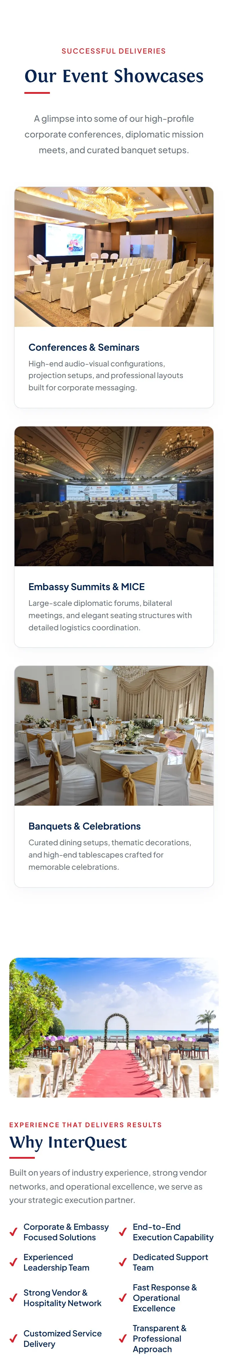 InterQuest Travel website on a phone, event showcases