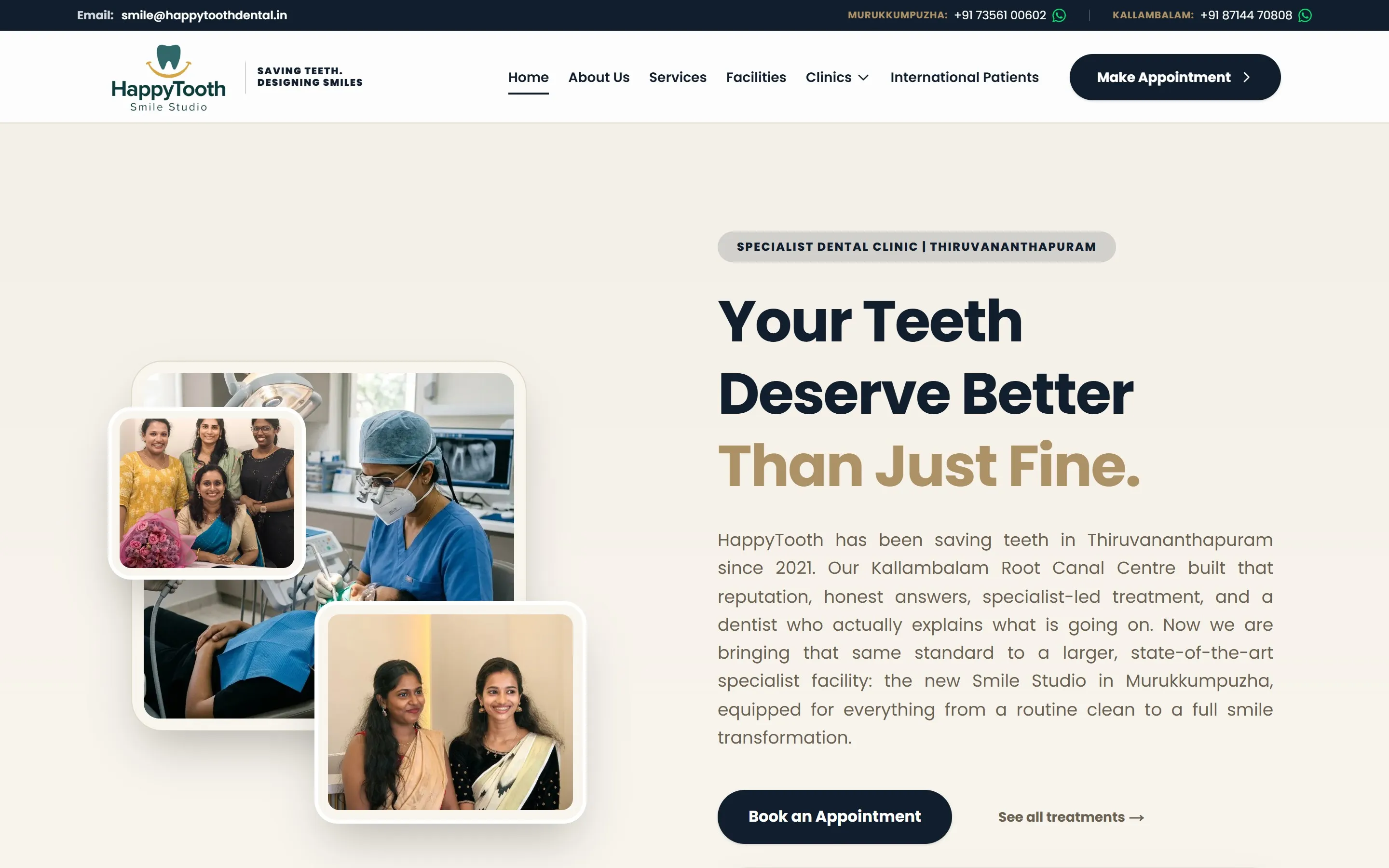 HappyTooth Dental website on a laptop, home page