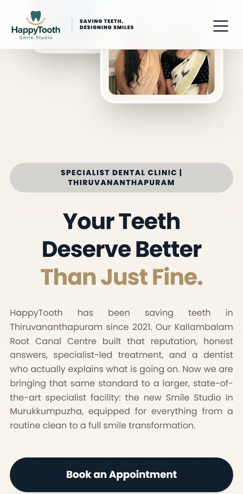HappyTooth Dental website on a phone, home page